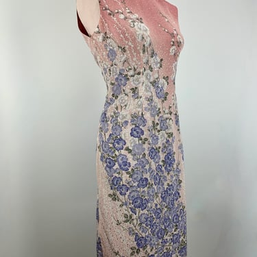 Vintage Cheongsam Dress - Pastel Jacquard Floral - Satin Lined - Hand Sewn Details - Metal Side Zipper - Size Medium 