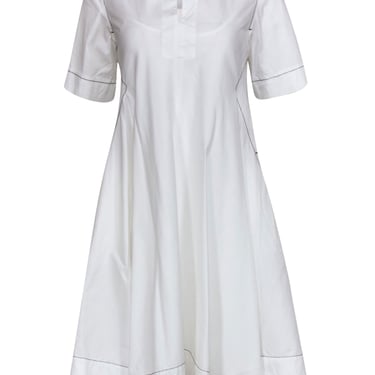 Donna Karan - White Short Sleeve Flare Dress w/ Black Topstitching Sz 2