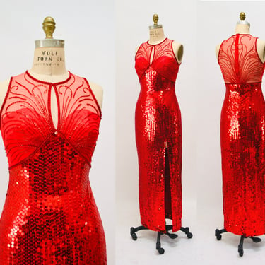 90s Vintage Red Sequin Party Dress Dress Small// Vintage Red Sequin Pageant Evening Gown Dress size Small Long Red Sequin Dress Sheer Mesh 