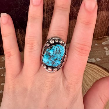 DIG DEEP 1970s Vintage Turquoise and Silver Mens Ring | Vintage 70s Turquoise | Native American Southwestern Style Jewelry | Size 10 1/2 