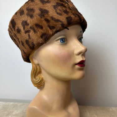 1960’s leopard print hat~ faux fur furry pillbox style MCM retro women’s dress hat bocks brown spotted 