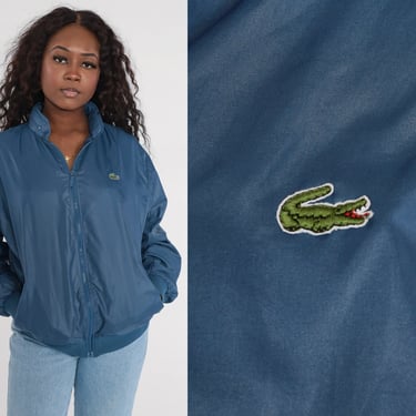 80s Lacoste Jacket Blue Windbreaker Bomber Jacket Hooded Izod Crocodile Zip Up Preppy Coat Vintage 1980s Hoodie Men's Large 