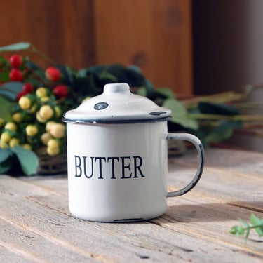White enamelware mug with lid  / enamel metal butter holder cup / rustic farmhouse butter mug / white & black enamel mug / retro kitchen 