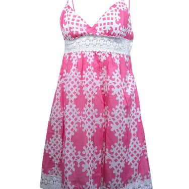 Milly - Pink & White Print Sleeveless Dress w/ Eyelet Trim Sz 2