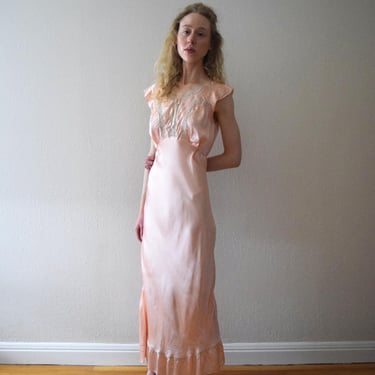 1930s 1940s pink satin slip dress . lace trim nightgown . size small to m/l 