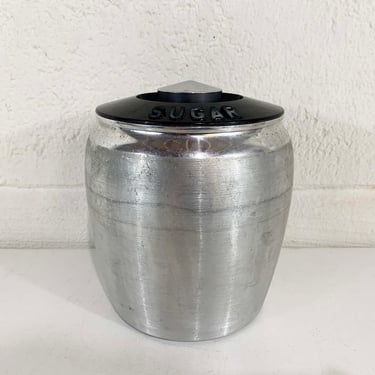 Vintage Brushed Aluminum Canister Sugar Black Plastic Lid Silver Metal Jar Retro Kitchen Art Deco 1950s 
