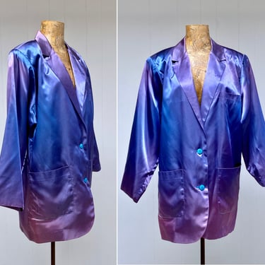 Vintage 1980s Album by Kenzo Ombré Satin Boyfriend Blazer, Purple-Blue Oversized New Wave Designer Jacket, Made in Japan, Small to Medium 