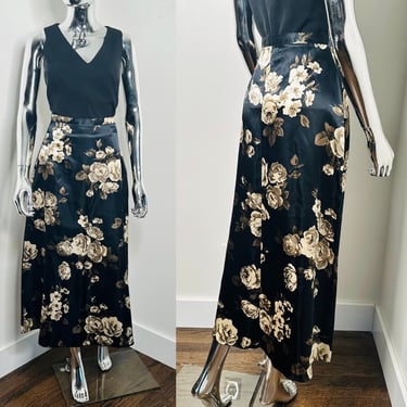 Y2K Rose Print Maxi Skirt | High Waist Sepia Floral Print Skirt | Black and Brown Floral Print Skirt | Rose Print Satin Skirt | Medium 