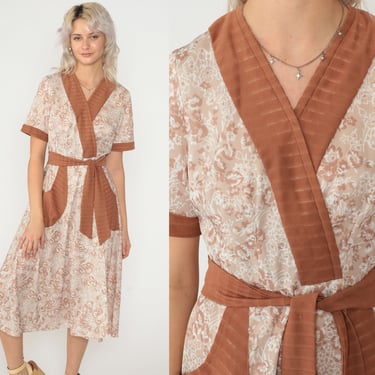 Floral Midi Dress 70s Day Dress Cocoa Brown Striped Flower Print Short Sleeve V Neck High Waisted Summer Faux Wrap Boho Vintage 1970s Small 