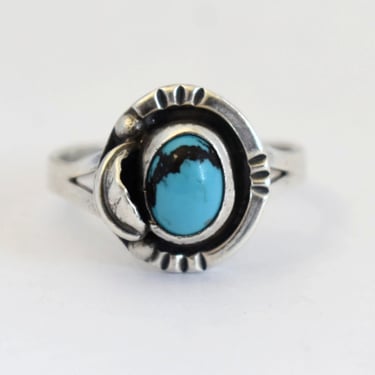 80's Southwestern 925 silver turquoise size 7.75 ring, Mexico GF15 sterling blue stone leaf solitaire 