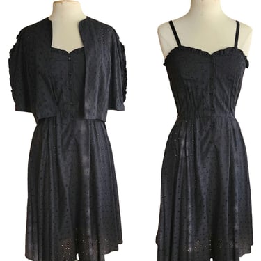Vintage 70s Black Eyelet Lace Dress + Bolero Jacket Set Chetta B by Peter Noviello 
