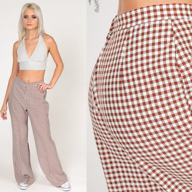 Gingham Bellbottoms 70s Bell Bottom Pants Brown White Hippie Checkered Trousers Retro High Rise Flared Pants Boho Vintage 1970s Small S 
