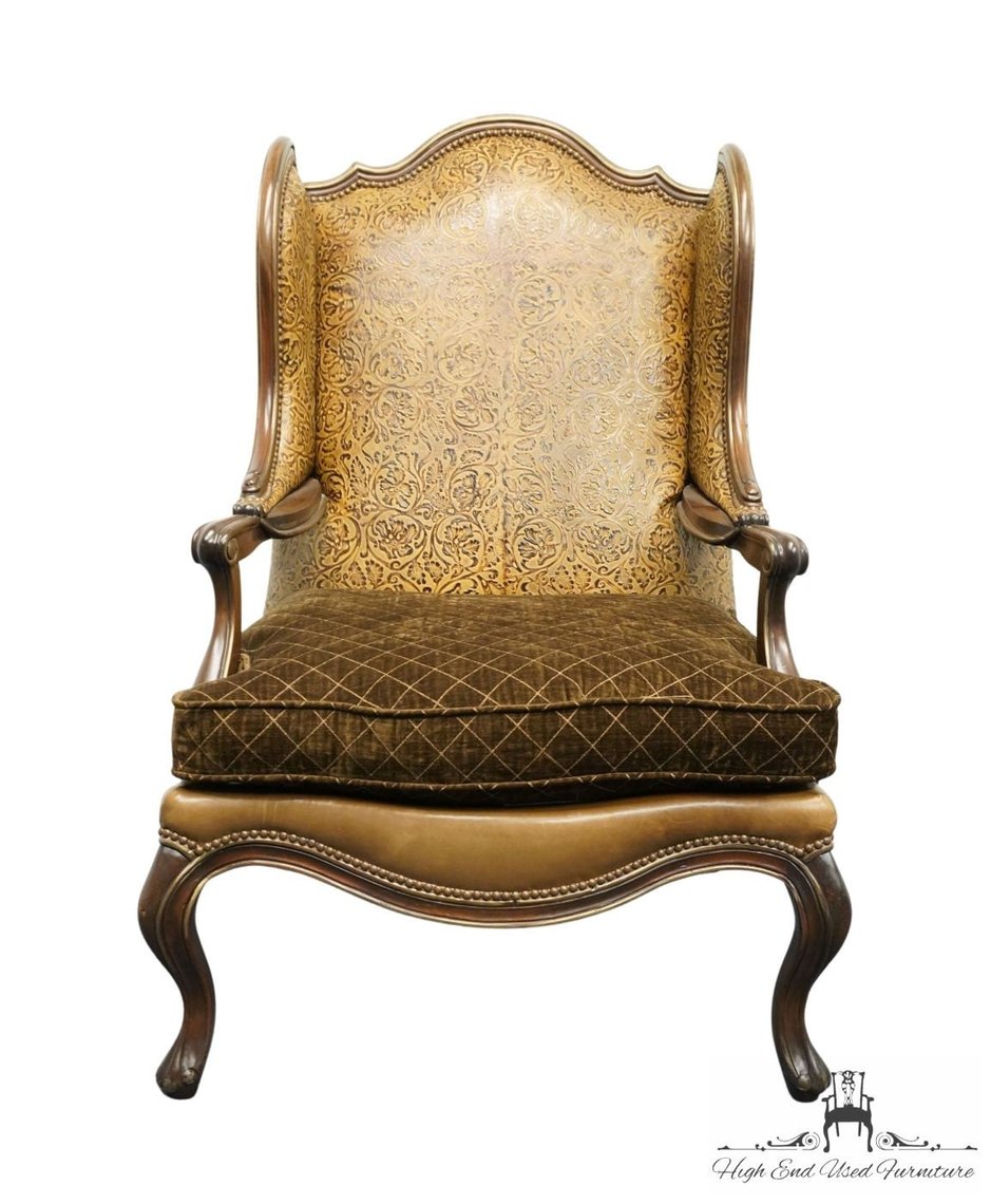 CHARLESTON HOUSE FURNITURE Studded Antiqued Leather Upholstered French Provincial Accent High