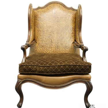 CHARLESTON HOUSE FURNITURE Studded Antiqued Leather Upholstered French Provincial Accent Wingback Chair 