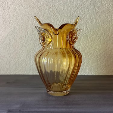Vintage Mid Century Amber Owl Hand Blown Art Glass Vase Applied Eyes 7