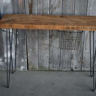 Industrial Console Table with reclaimed wood top hairpin legs and locker basket.  Choose size and wood finish. 