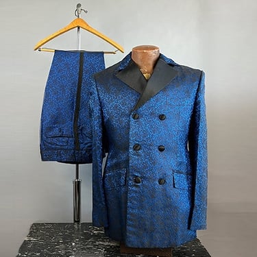 1960s Men's Suit / Blue Silk Jacquard Suit / Mod Suit / Double Breasted Suit / Slim Fit Suit / Women in Men's Clothing / Size 40 Small 