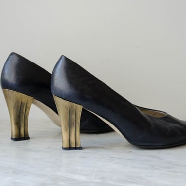 black leather glove heels | 90s minimal soft black leather architectural gold metal high heel pumps size 10 