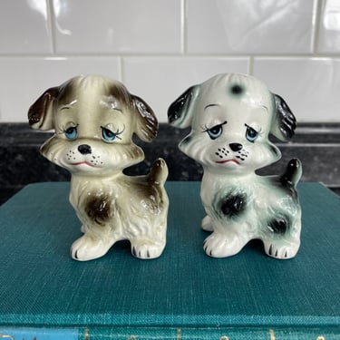 Vintage Fluffy Dog Salt and Pepper Shakers | Puppy Dog Sad Face Shakers, Anthropomorphic Kitsch Puppies Ceramic Figurines Novelty S&P Shaker 