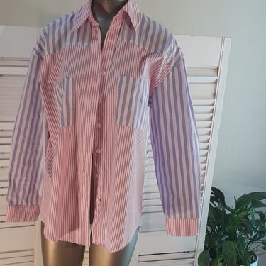 Vintage 80s Cotton Stripe Color Block Long Tail Shirt / L 