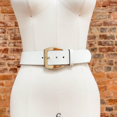 white leather belt | 80s 90s vintage ivory white gold buckle wide statement belt 
