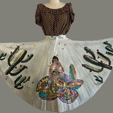 1950s Circle Skirt / 50s Sequin Mexican Circle Skirt w/ Woman, Flowers, & Cacti / Size Medium 