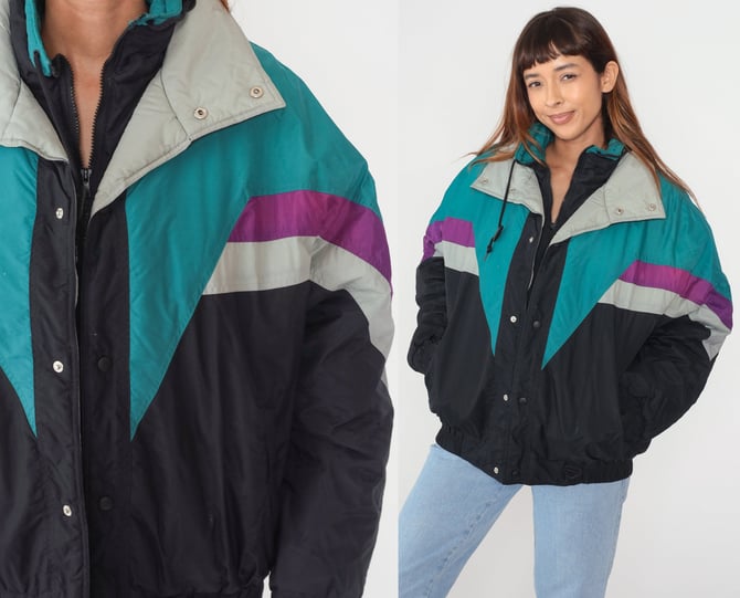 90s Ski Jacket Zip Snap Up Windbreaker Black Teal Color