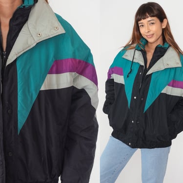 90s Ski Jacket Zip Snap Up Windbreaker Black Teal Color Block Purple Grey Striped Puffer Coat Retro Skiwear Bomber Vintage 1990s Large L 