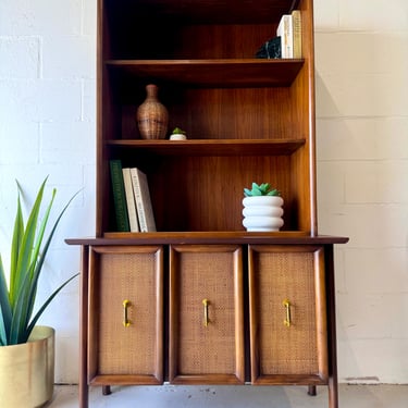 Mid Century Walnut and Cane Display/Storage Hutch