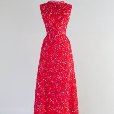 Spectacular 1960's Cherry Red Lace Evening Gown Shimmering Aurora Sequins / L