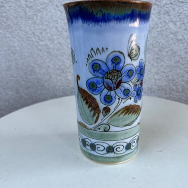 Vintage Mexican Tonala pottery blues bird floral vase size 7.5” x 4” 