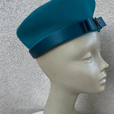 Vintage teal blue pillbox wool hat ribbon rhinestones trim Sz 22” or 7 medium by Miss Bierner 