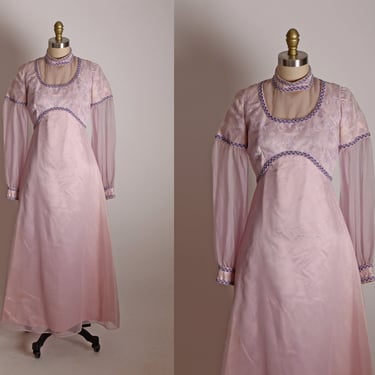 1970s Pink and Purple Sheer Long Sleeve Renaissance Style Trimmed Sheer Bodice Dress -XS 