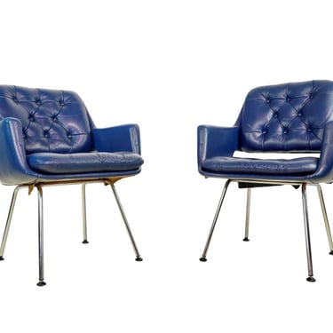 Pair of 1960s Swiss Mid Century Blue Leather Chairs with Velcro Cushions