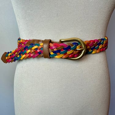 80’s 90’s Vtg braided leather boho hippie skinny belt~ Rainbow colors / open size up to 30” W 
