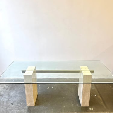 1970s Guy Barker for Ello Travertine Dining Table with Glass Top 