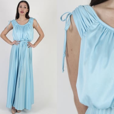 Sky Blue Grecian Goddess Long Shoulder Tie Toga Party Maxi Dress 
