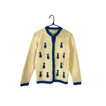 Vintage Wondamere Cream Blue Olive Floral Flower Embroidered Wool Cardigan Sweater 70s 60s Cottage Boho 
