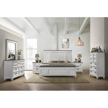 Laurel Foundry Modern Farmhouse Semaj Wood Bedroom Set w Shiplap Panel King Bed Dresser Mirror Two Nightstands FFE-735