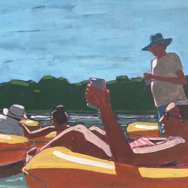 River Floating  - Original Acrylic Painting on Canvas, 20 x 16  |  tubing, texas, summer, fine art, landscape, yellow, floats, michael van 