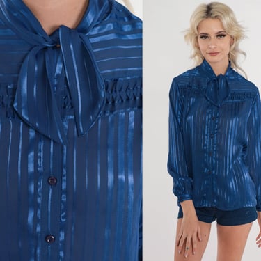 Blue Necktie Blouse 80s Ascot Shirt Shiny Striped Preppy Retro Secretary Blouse Long sleeve Button up Top Pussy Bow Vintage 1980s Small S 