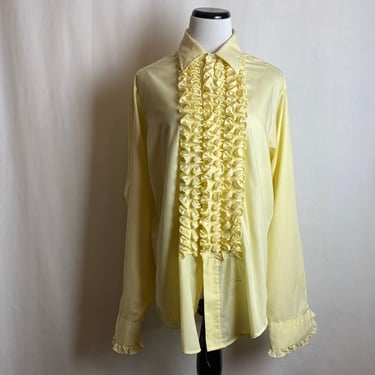 Men’s vintage 1970’s Ruffle shirt Tuxedo dress shirt lounge singer /retro Prom date ~pastel banana yellow size Medium 