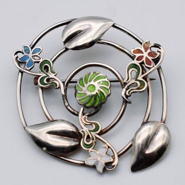 40's Modernist inlaid sterling flowers & leaves spiral brooch, flawed 925 silver stones floral pin 