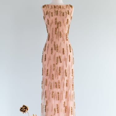 Spectacular Early 1960's Nude Illusion Beaded Evening Gown / Medium