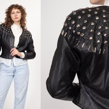 Medium 80s Black Leather Studded Cropped Jacket | Vintage Firenze Button Up Motorcycle Biker Coat 