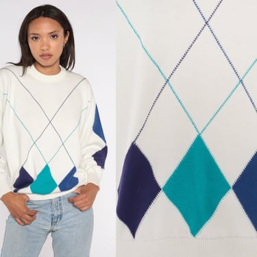 90s Geometric Sweater White Harlequin Diamond Sweater Blue Jacquard Knit Pattern 1990s Preppy Checkered Vintage Pullover Extra Large xl 
