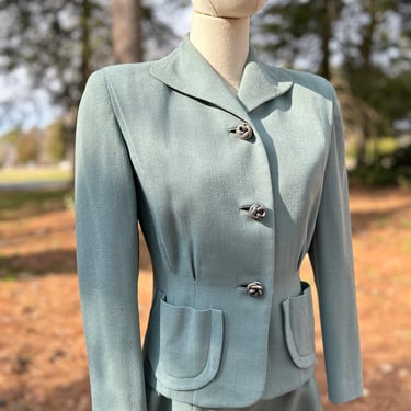 1940s Dusty Blue Wool Suit 36 Bust Vintage 