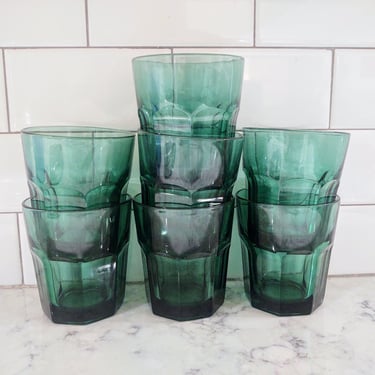 Vintage 1960's Libby Dark Green Thumbprints Rocks Glasses Set of 7 