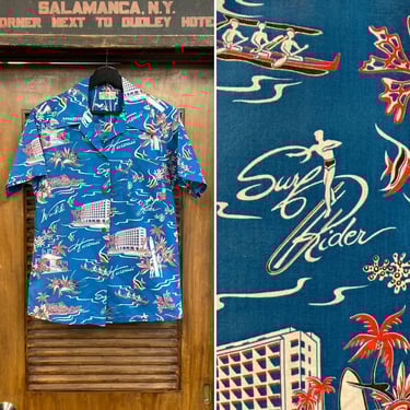 Vintage 1940’s Ladies Tropical Tiki Cartoon Cotton Hawaiian Blouse Shirt Top, Surfriders Label, 40’s Vintage Clothing 