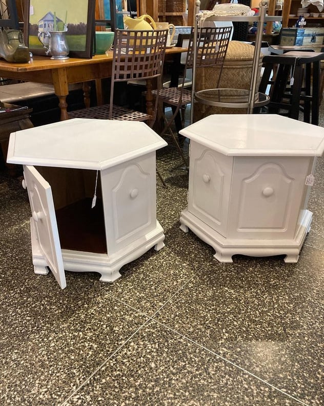 White painted octagon tables 23” x 26” x 20” Call 202-232-8171 to purchase either or both!